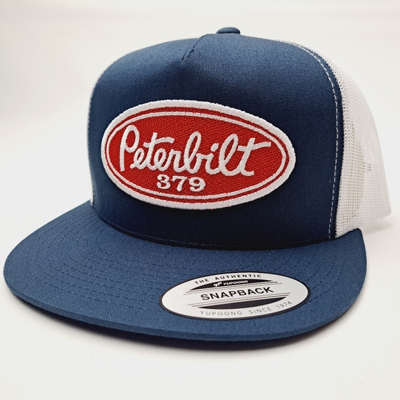 Peterbilt 379 Embroidered Patch Flat Bill Mesh Snapback Trucker Cap Hat - Picture 1 of 4